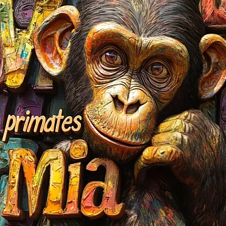 Scimpanzé sorridente con scritta Primates Mia Primo piano di uno scimpanzé dallo sguardo simpatico, accanto alla scritta colorata “primates MIA”.